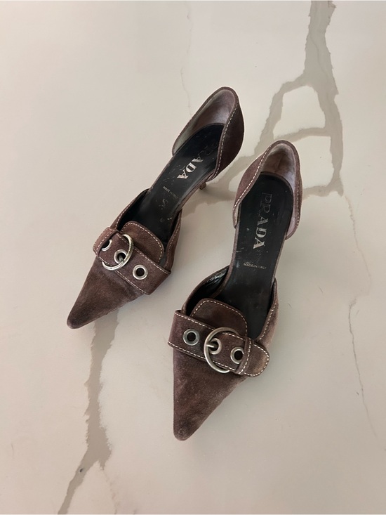 Prada Shoes - Prada Chocolate Brown Suede Pointed Buckle Heels